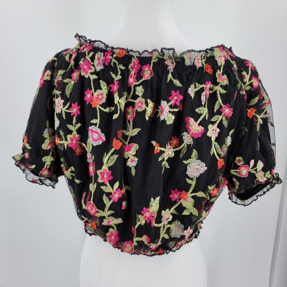 Forever 21+ Crop Top Womens 1X Off the Shoulder Black Floral Embroidered Boho - Picture 2 of 10
